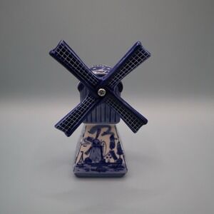 Hand Painted 5.5" Delft Blue White  Rotating Windmill Souvenir Figurine